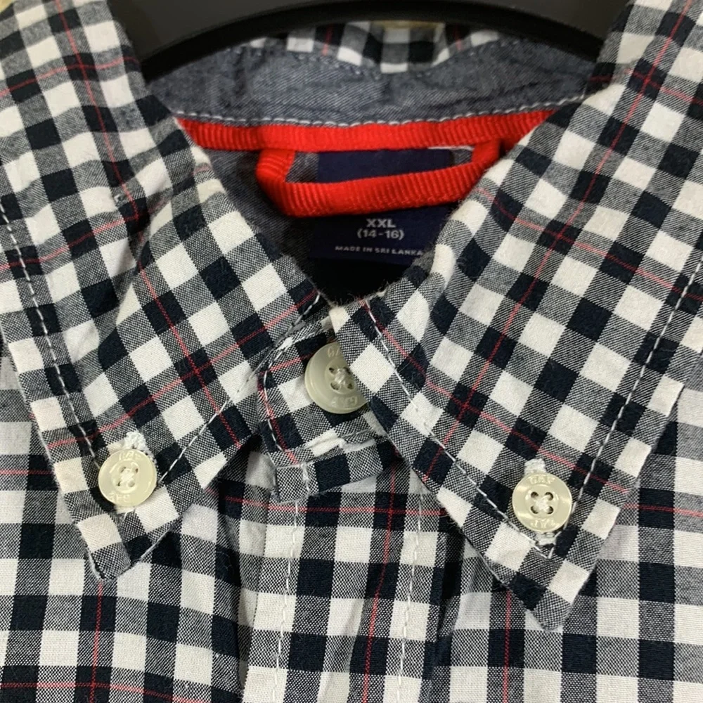 GAP Boys Shirt Plaid White black Red XXL 14-16 Long Sleeve Cotton